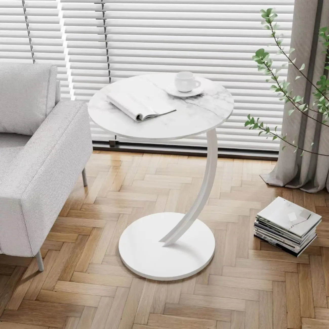 Modern Wood Round Top Triangular Silver Side Table