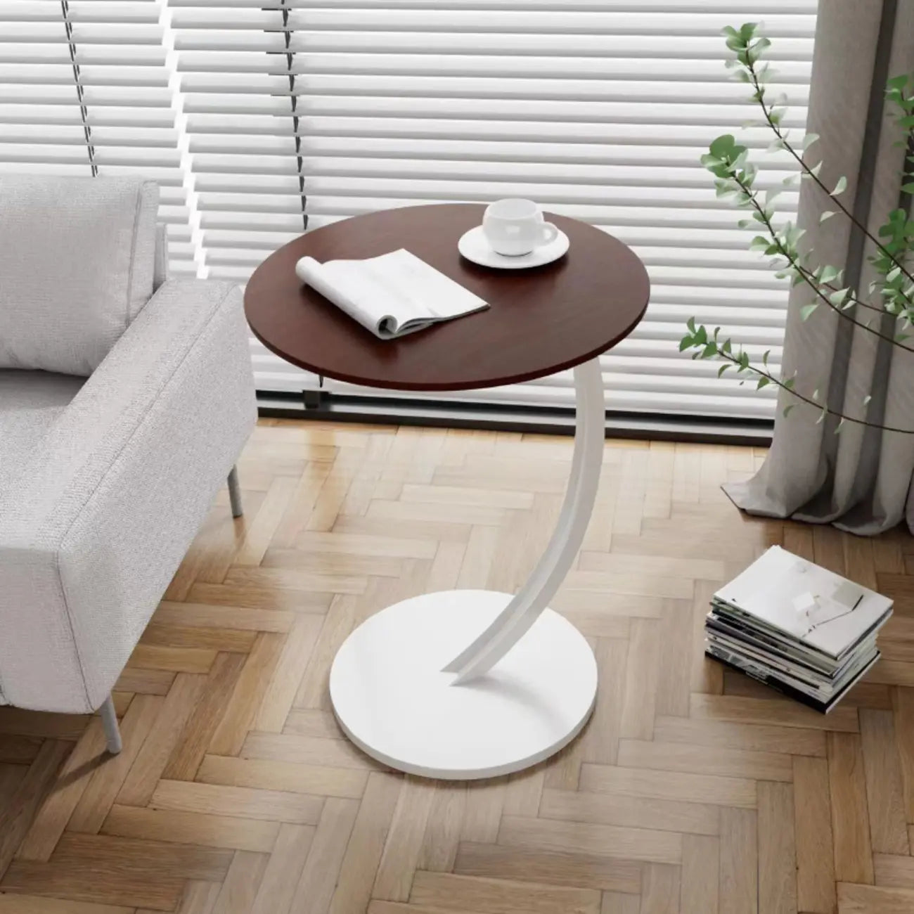 Modern Wood Round Top Triangular Silver Side Table
