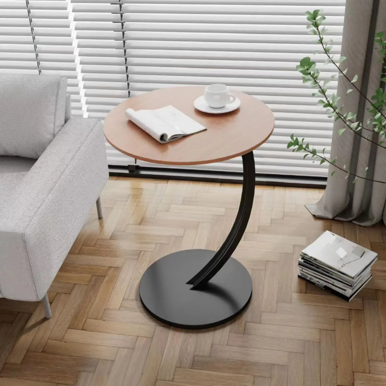 Modern Wood Round Top Triangular Silver Side Table