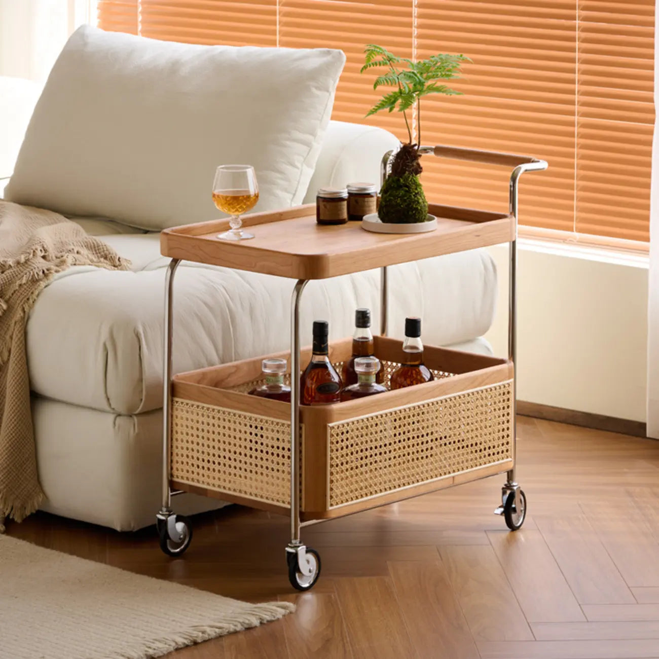 Rectangular Cherry Wood Storage Cart End Table with Wheels