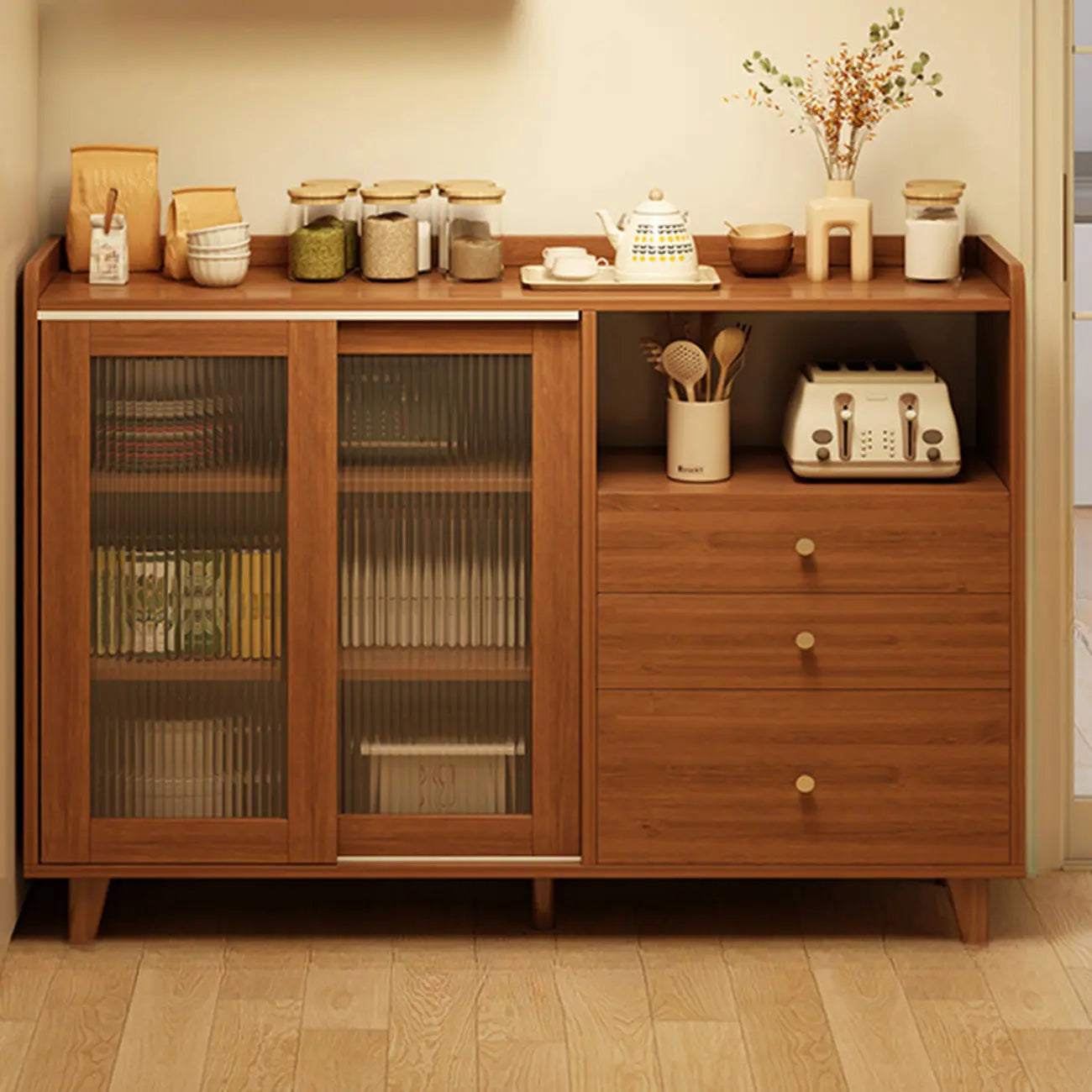 Casual Brown Wood Sideboard with Glass Doors