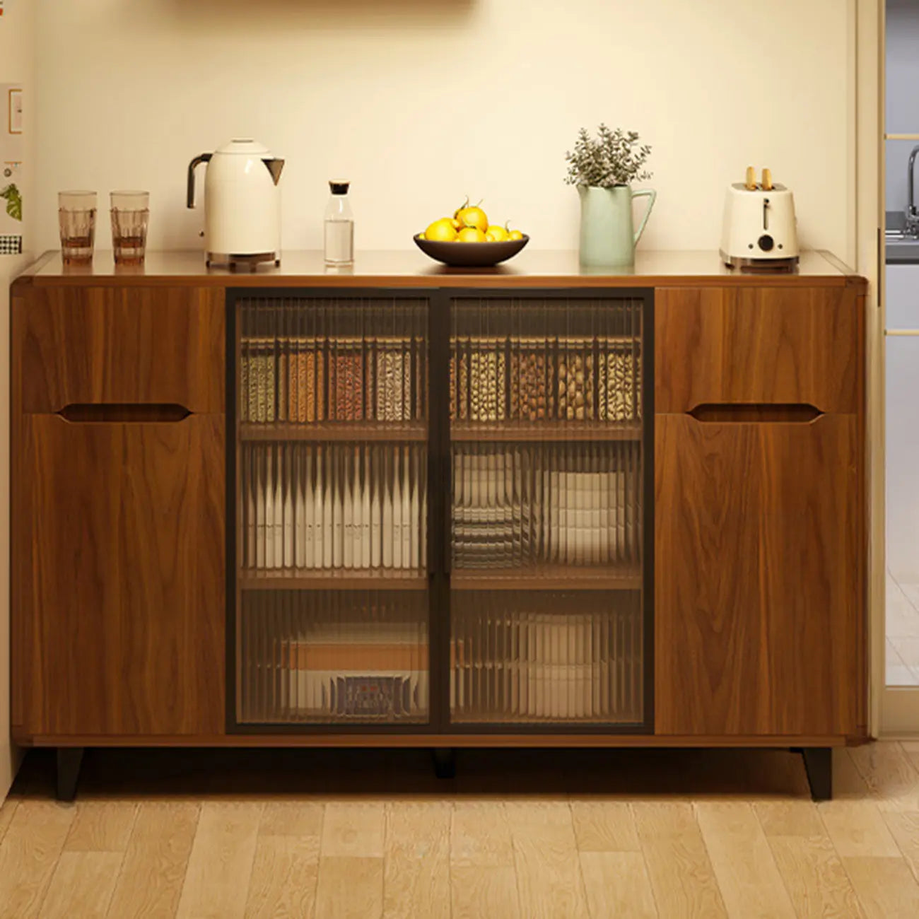Casual Brown Wood Sideboard with Glass Doors