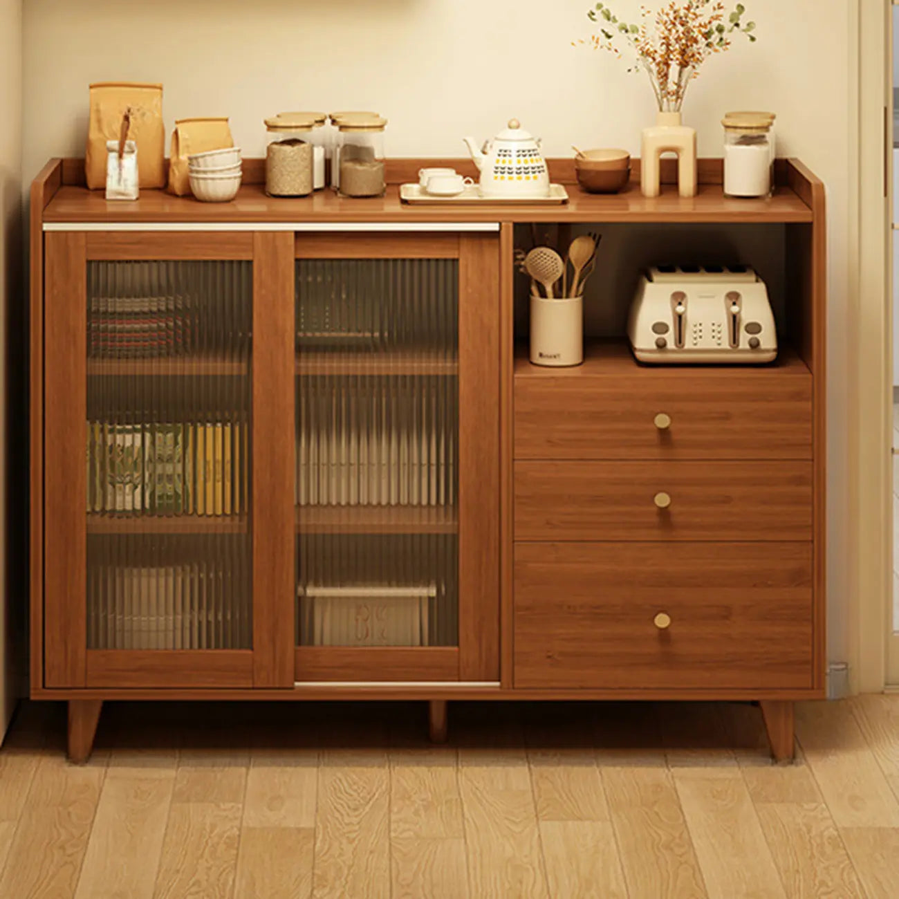 Casual Brown Wood Sideboard with Glass Doors