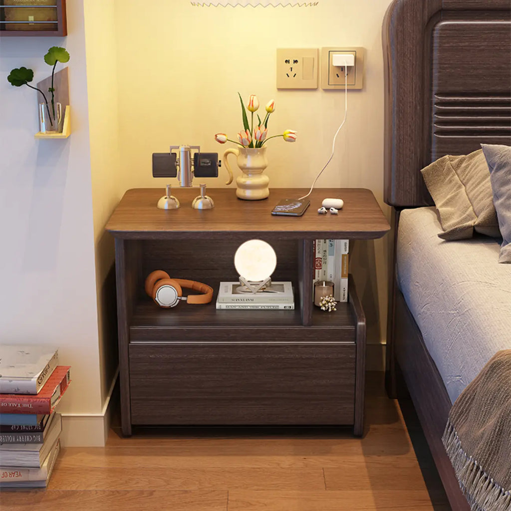 Classic Wooden Nut-Brown Nightstand with Drawer & Shelf