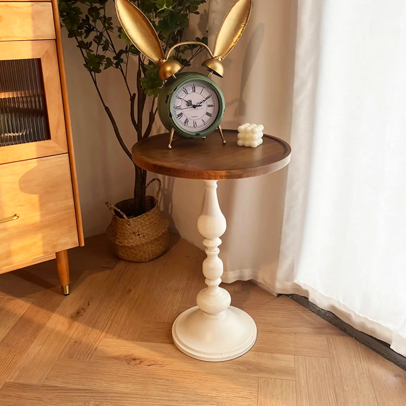 Classic Brown-White Wood Round Pedestal Chairside Table