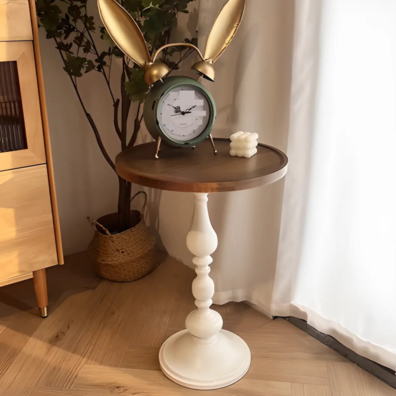 Classic Brown-White Wood Round Pedestal Chairside Table