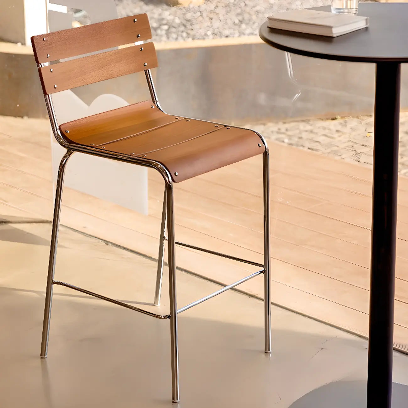 Industrial Brown Wood Rectangle Stackable Bar Stools with Back