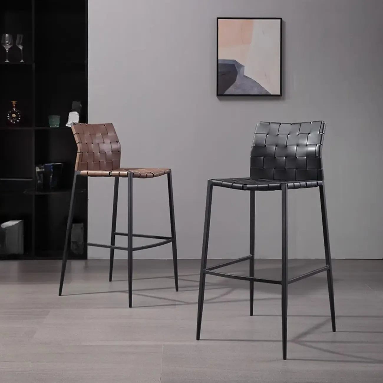 Modern Leather Seat Woven Textured Bar Stools with Back