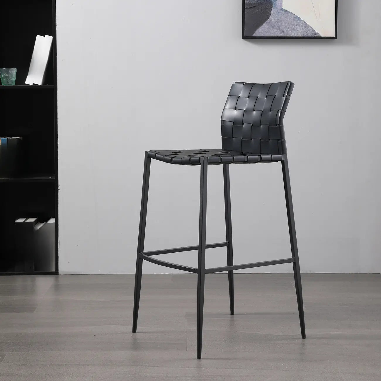 Modern Leather Seat Woven Textured Bar Stools with Back