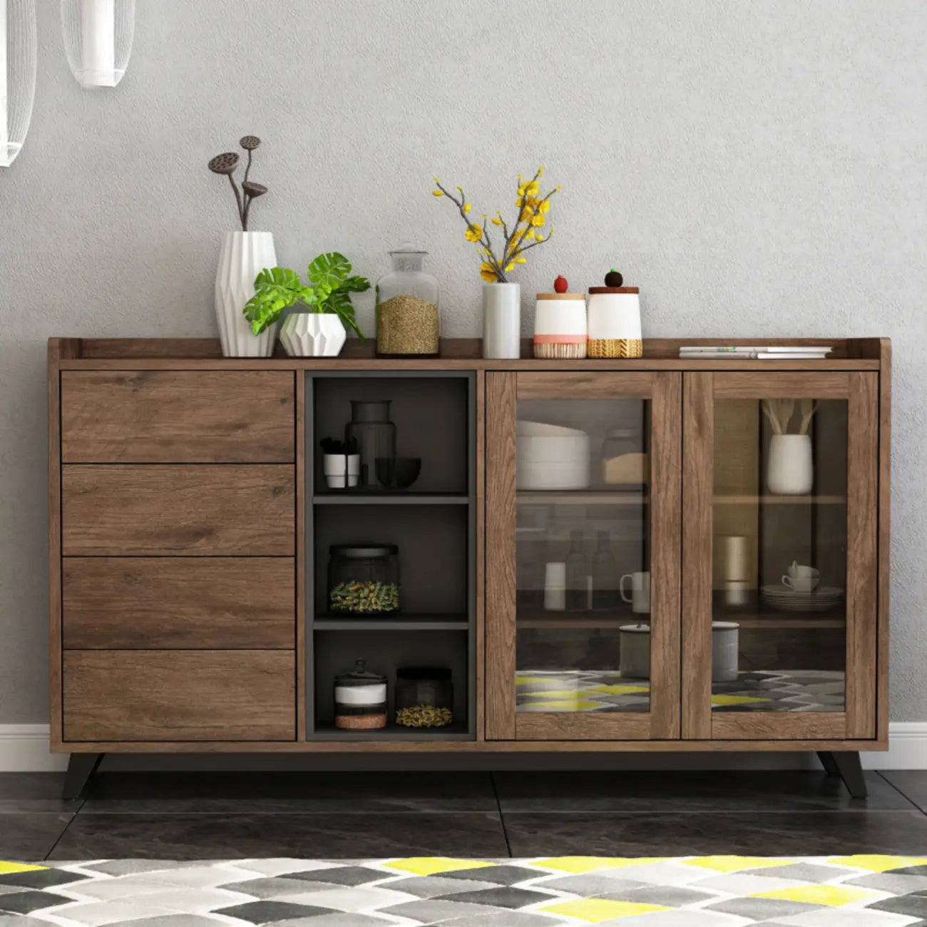 4-Drawer Taupe Wood Sideboard with Glass Doors