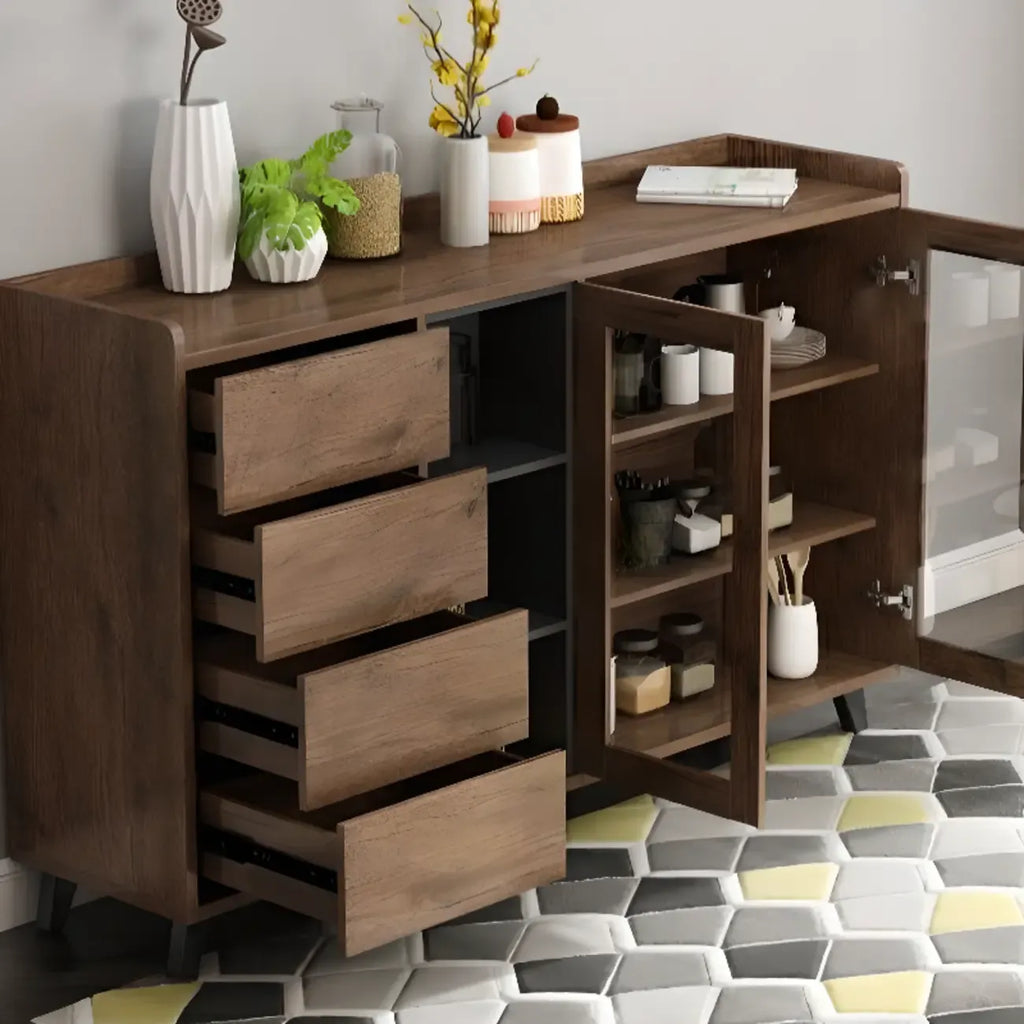 4-Drawer Taupe Wood Sideboard with Glass Doors