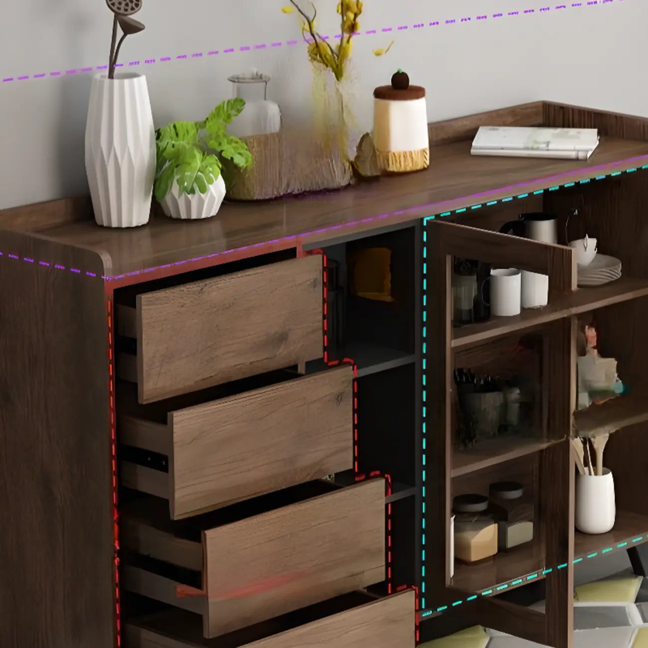 4-Drawer Taupe Wood Sideboard with Glass Doors