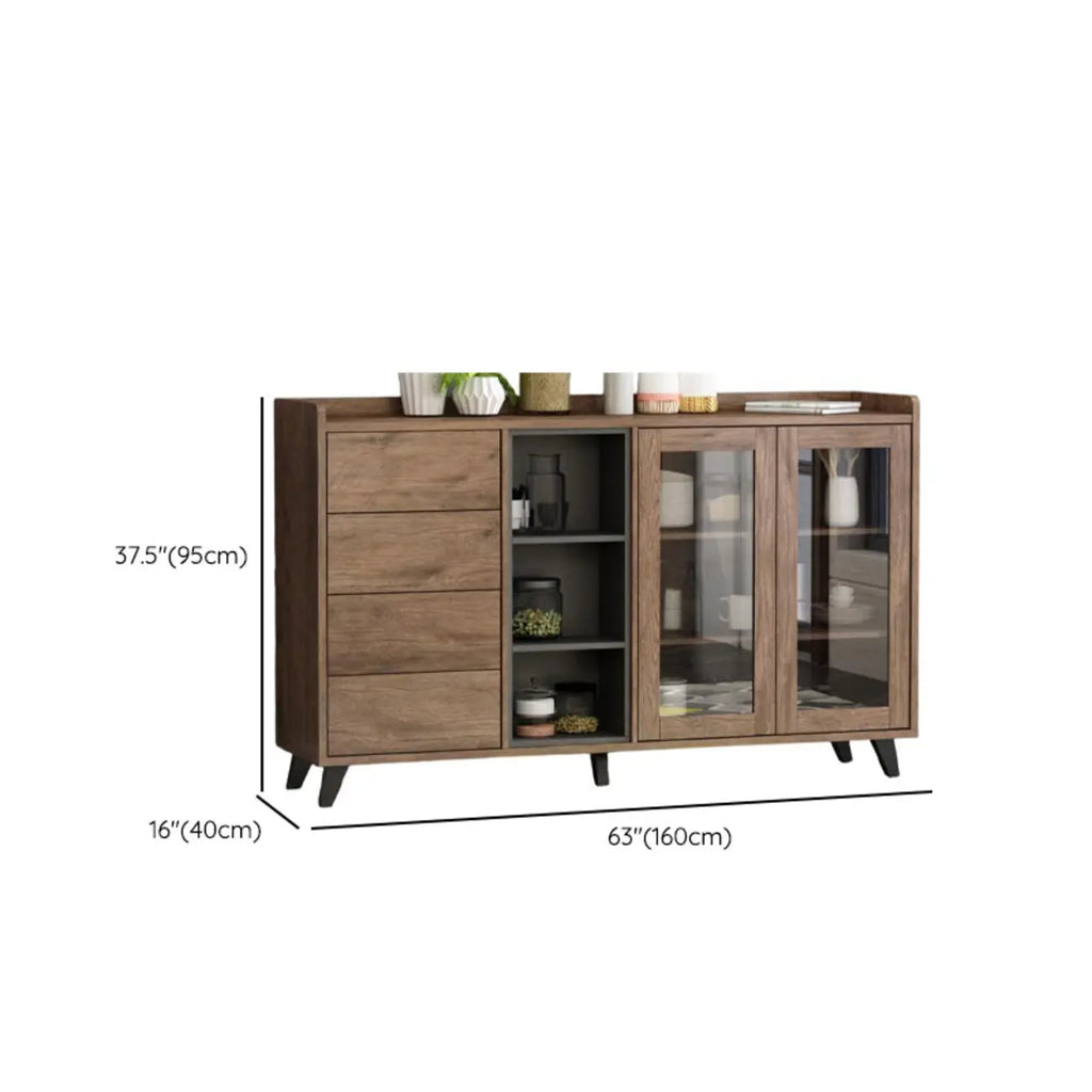 4-Drawer Taupe Wood Sideboard with Glass Doors