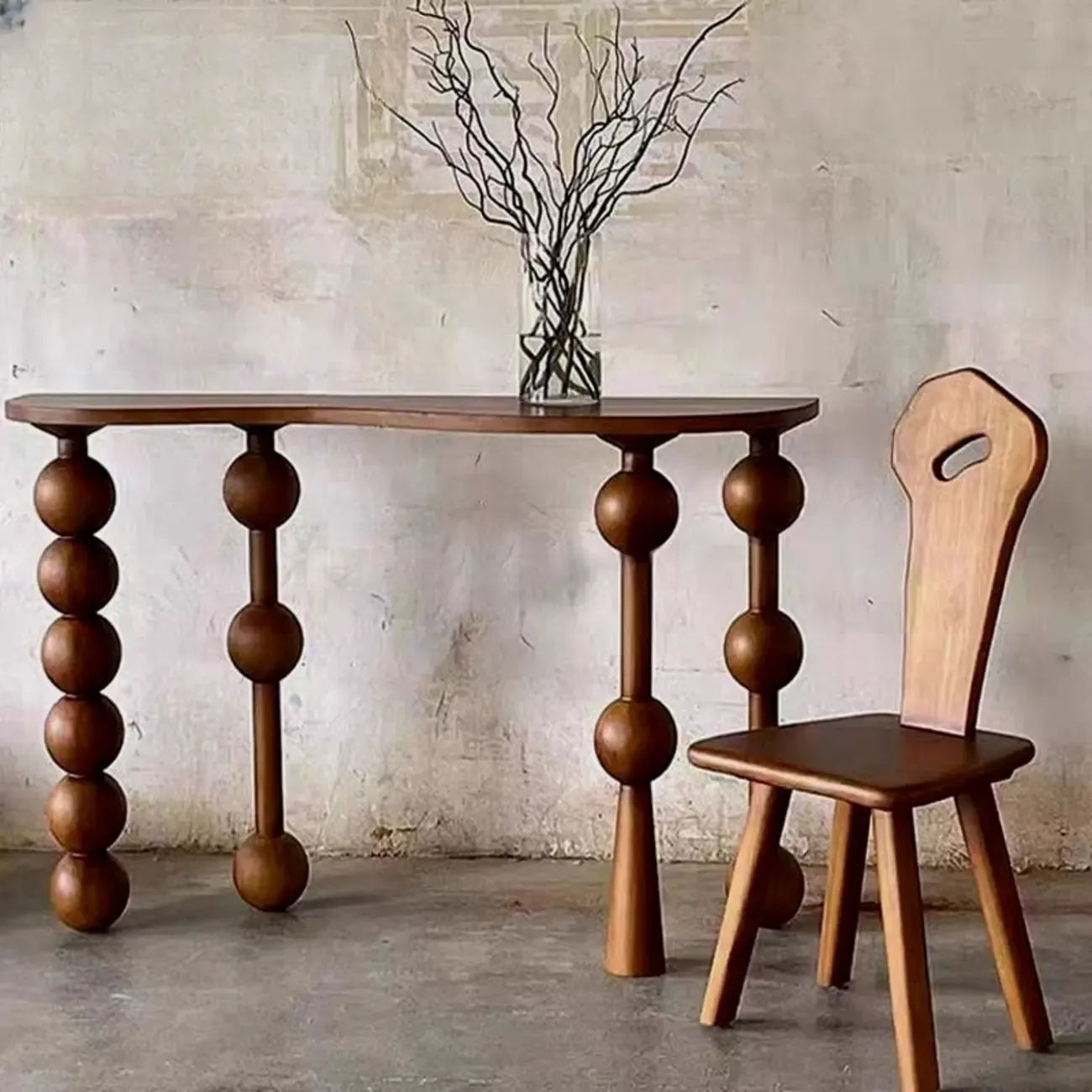 Artistic Walnut Wood Turned Leg Entry Console Table