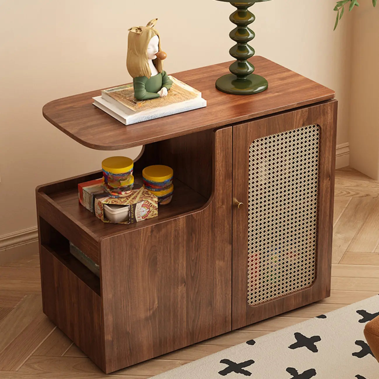 Rotating Brown Wood Rectangle Wheeled Side Table with Drawer