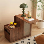 Rotating Brown Wood Rectangle Wheeled Side Table with Drawer