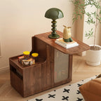 Rotating Brown Wood Rectangle Wheeled Side Table with Drawer