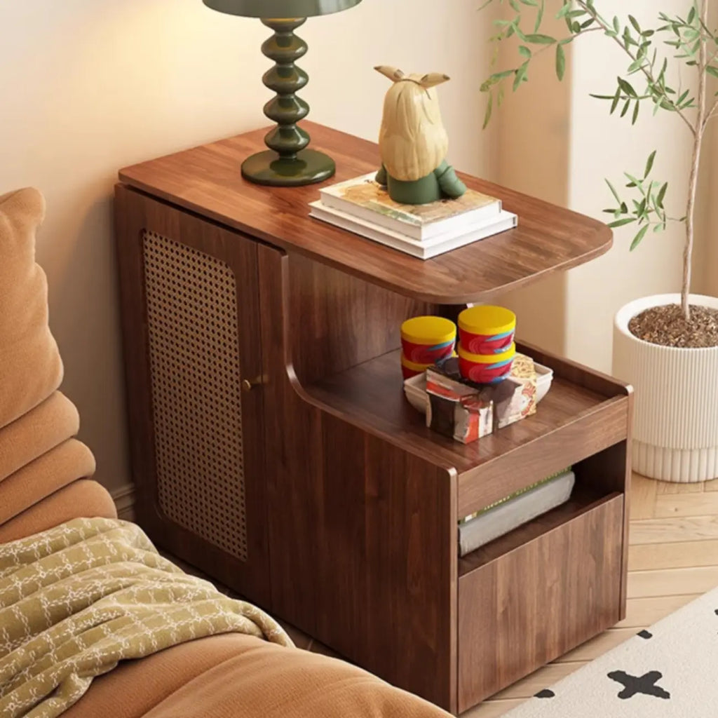 Rotating Brown Wood Rectangle Wheeled Side Table with Drawer