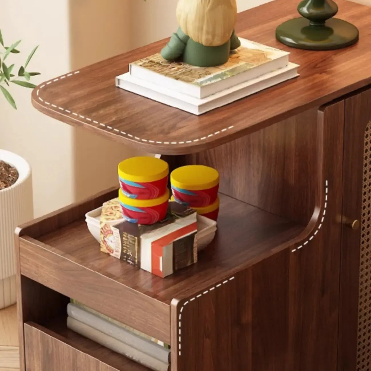 Rotating Brown Wood Rectangle Wheeled Side Table with Drawer