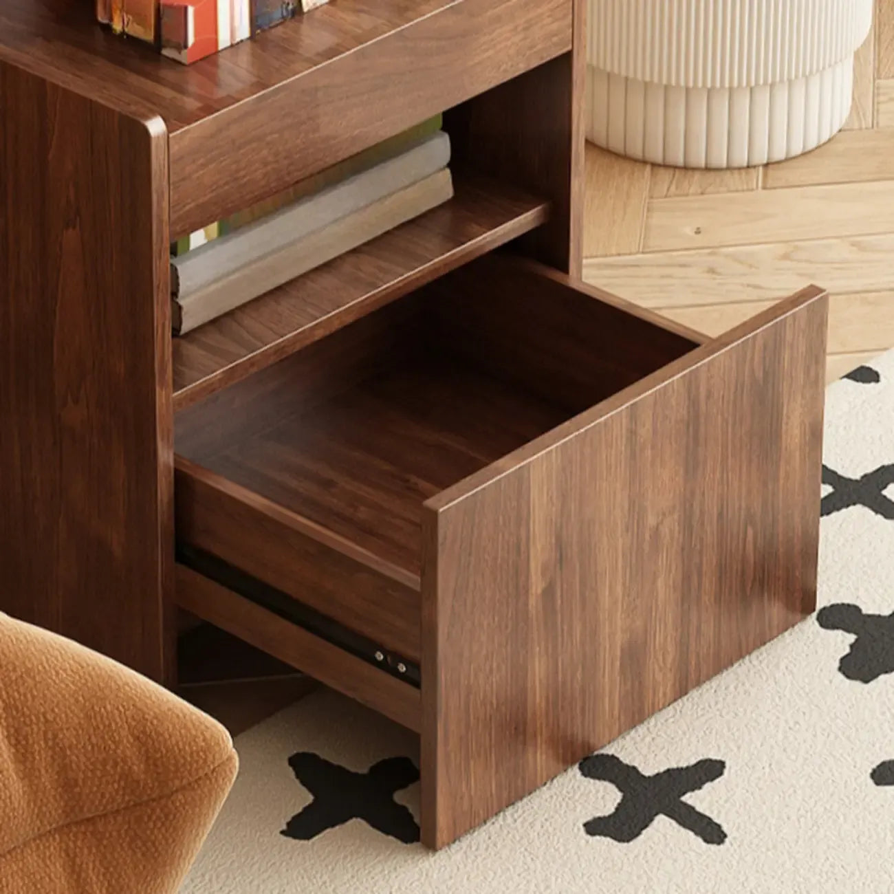 Rotating Brown Wood Rectangle Wheeled Side Table with Drawer