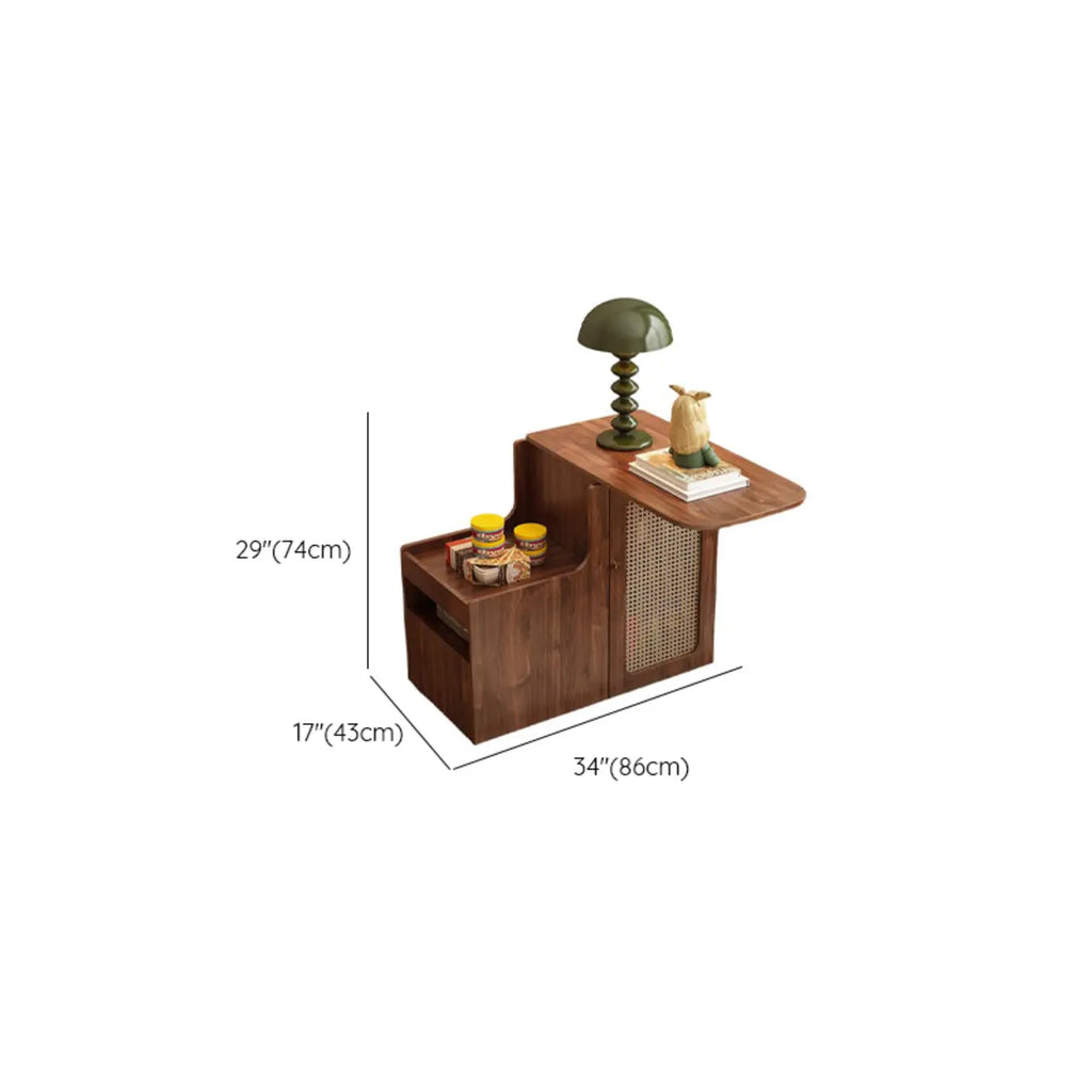 Rotating Brown Wood Rectangle Wheeled Side Table with Drawer