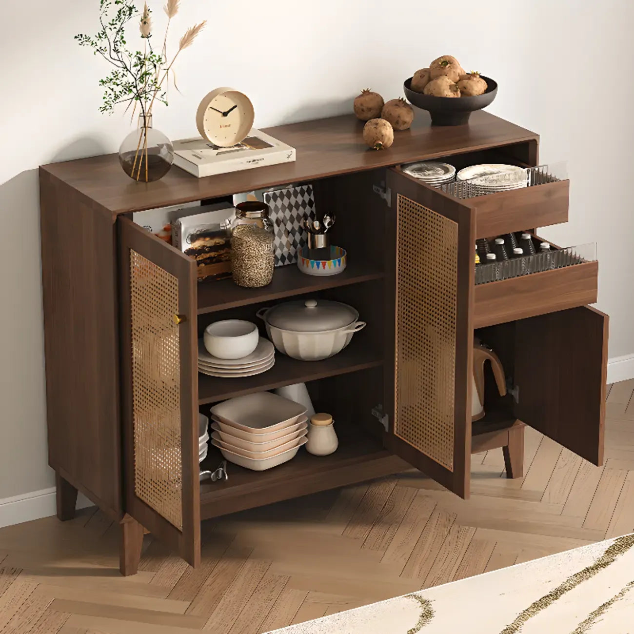 Minimalist Adjustable Shelves Rattan Sideboard with Drawers