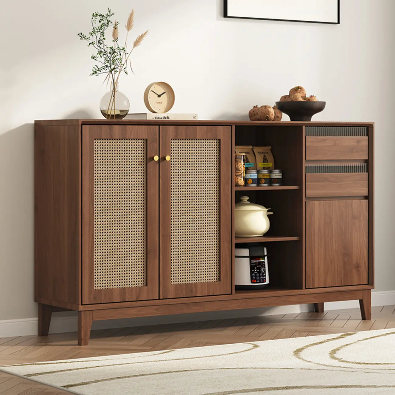 Minimalist Adjustable Shelves Rattan Sideboard with Drawers