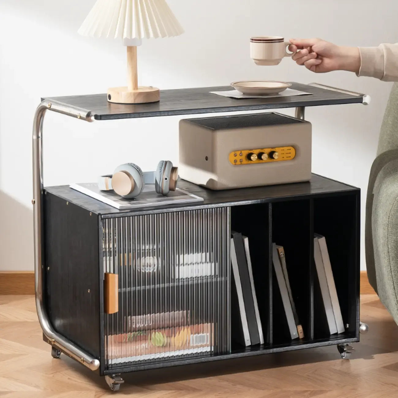 Flexible Wooden Metal Mobile Side Table with Storage