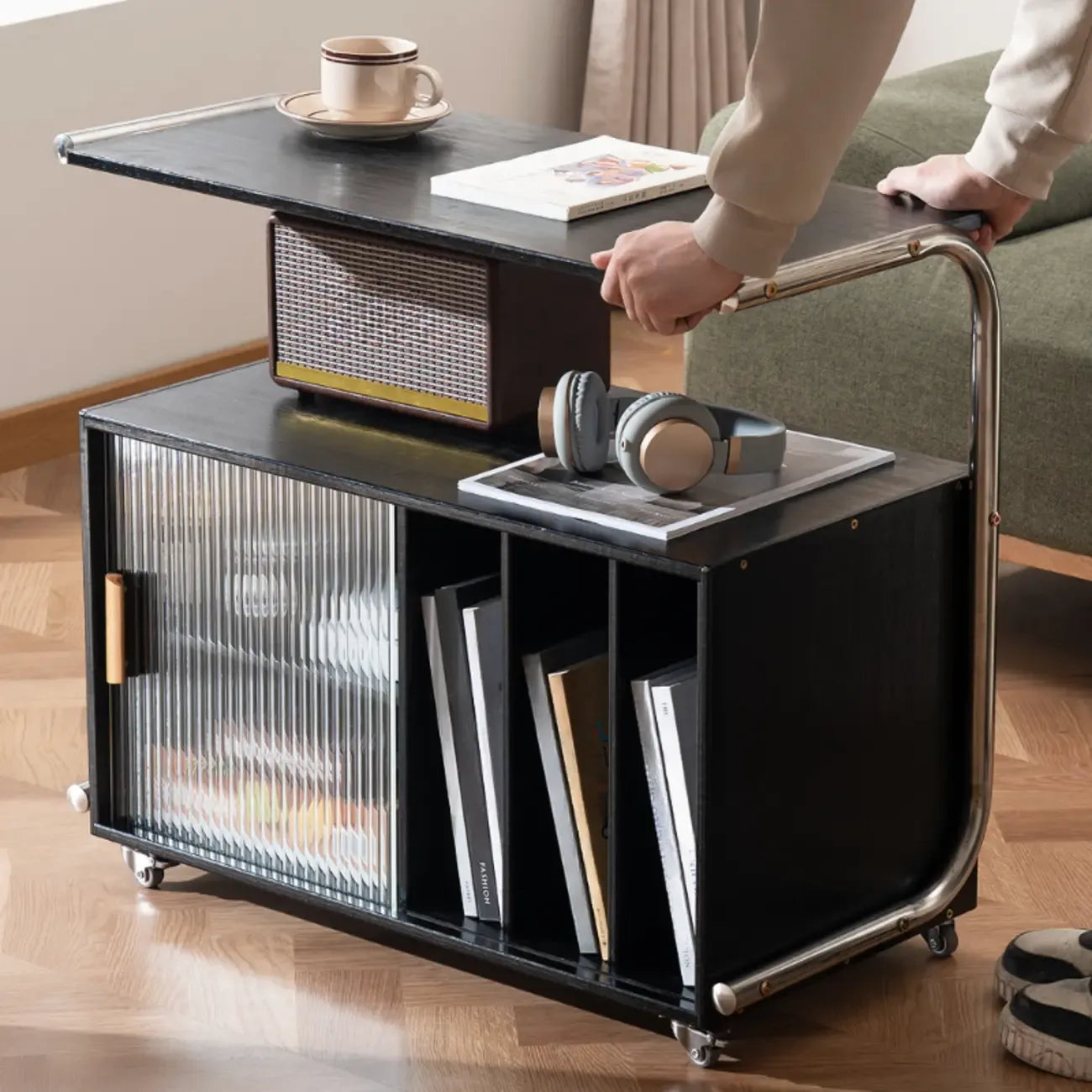 Flexible Wooden Metal Mobile Side Table with Storage