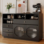 Art Deco Black Wood 4 Drawers Sideboard with Glass Doors
