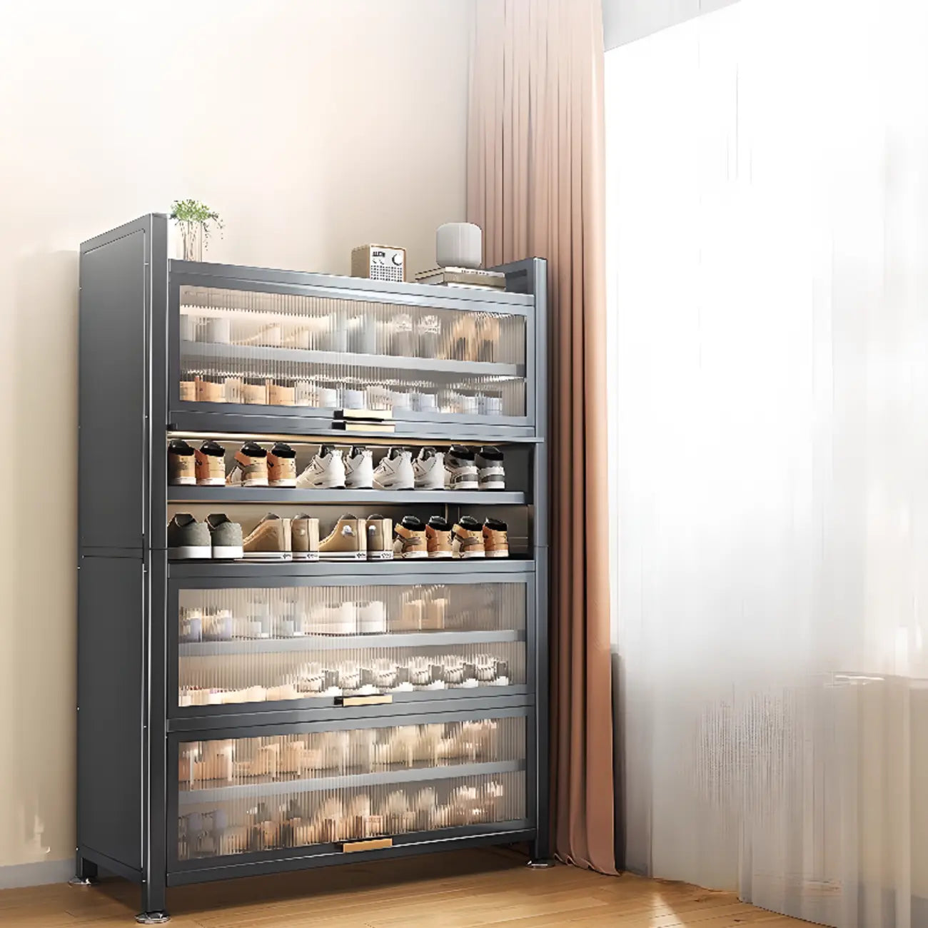 Adjustable Flip-up Door Gun Gray Metal Storage Shoe Rack