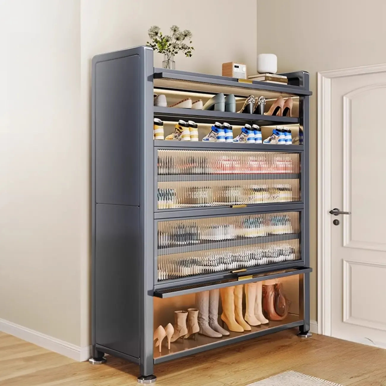Adjustable Flip-up Door Gun Gray Metal Storage Shoe Rack