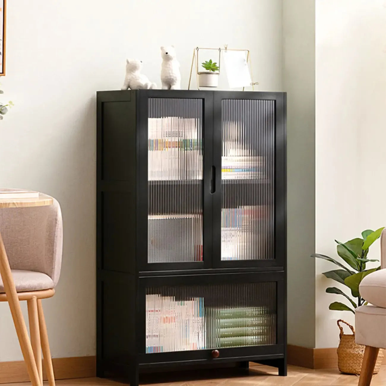 Bamboo Modern Black Vertical Bookcase with Acrylic Doors