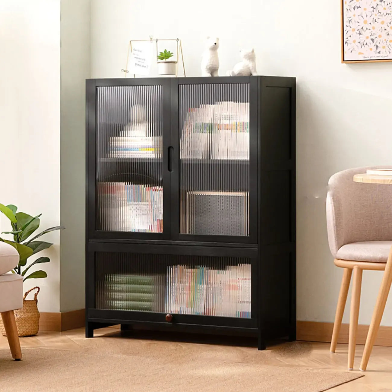Bamboo Modern Black Vertical Bookcase with Acrylic Doors