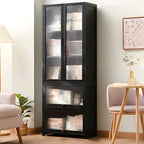 Bamboo Modern Black Vertical Bookcase with Acrylic Doors