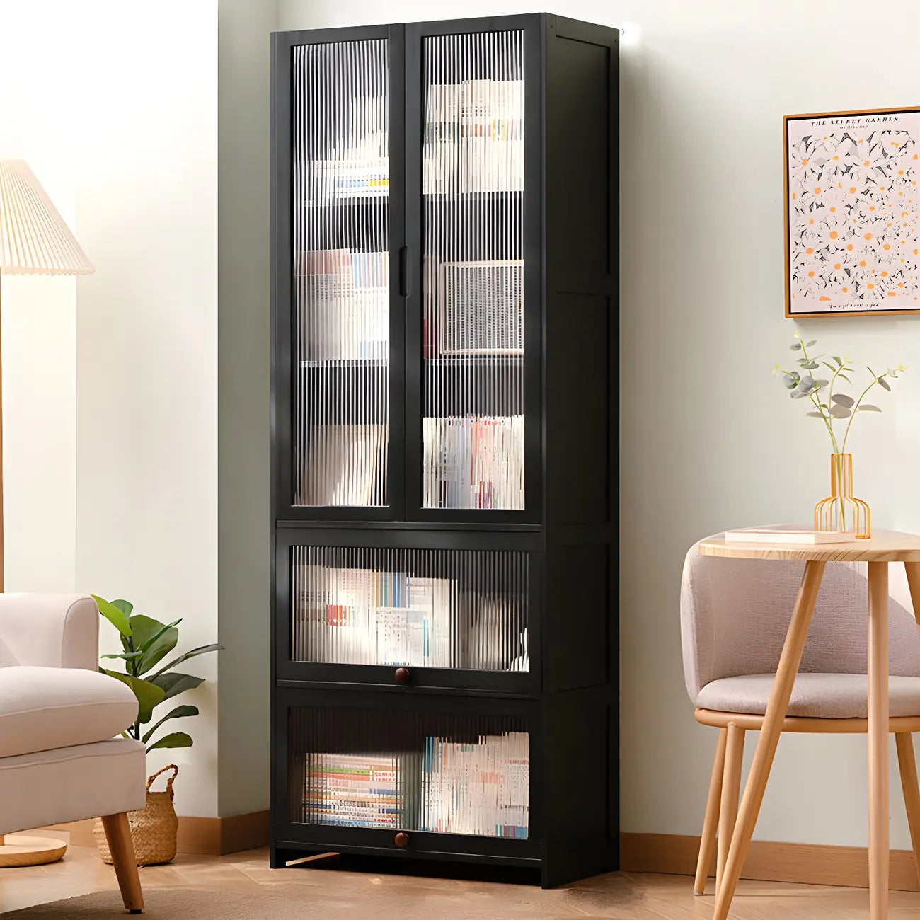 Bamboo Modern Black Vertical Bookcase with Acrylic Doors