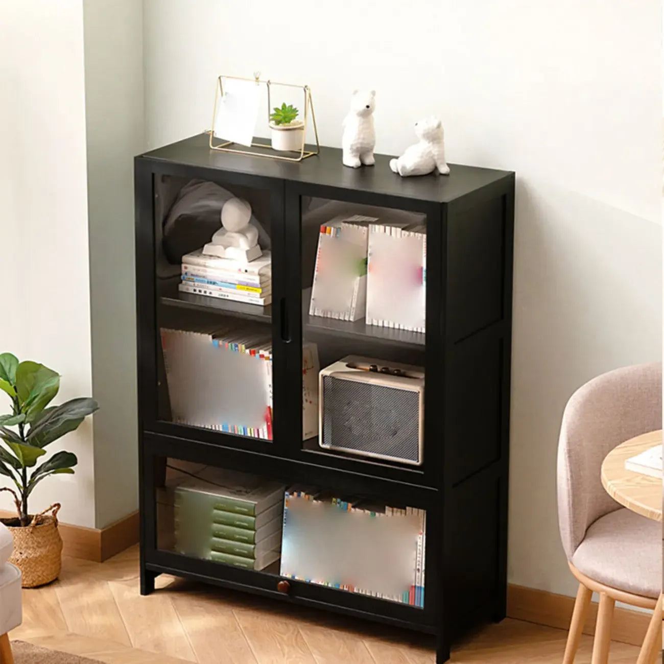Bamboo Modern Black Vertical Bookcase with Acrylic Doors