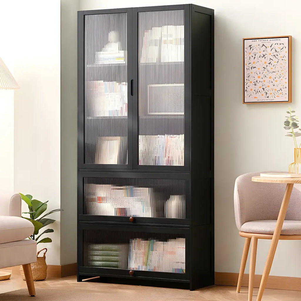 Bamboo Modern Black Vertical Bookcase with Acrylic Doors