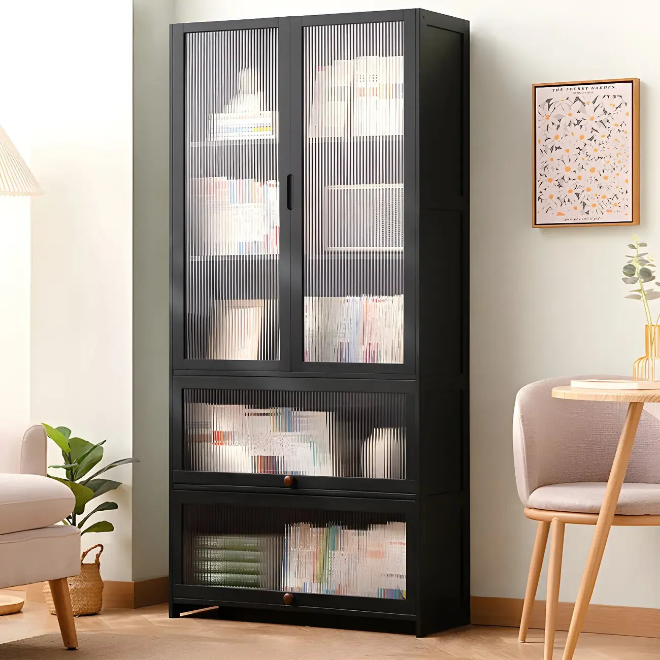 Bamboo Modern Black Vertical Bookcase with Acrylic Doors