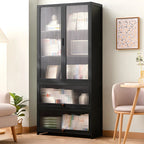 Bamboo Modern Black Vertical Bookcase with Acrylic Doors