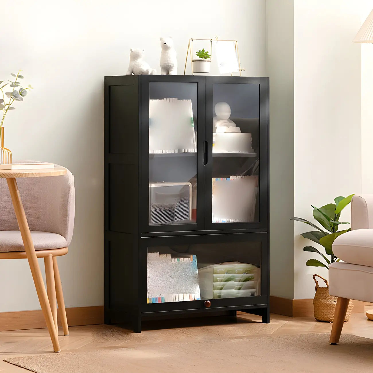 Bamboo Modern Black Vertical Bookcase with Acrylic Doors