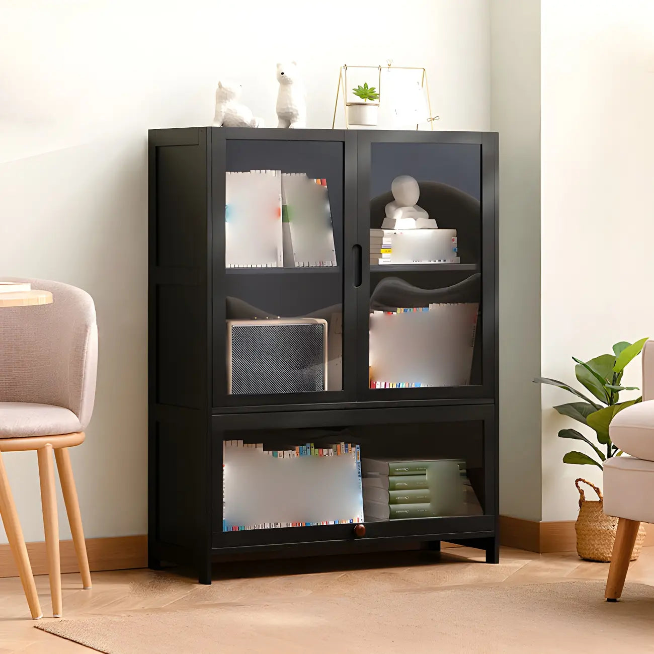 Bamboo Modern Black Vertical Bookcase with Acrylic Doors