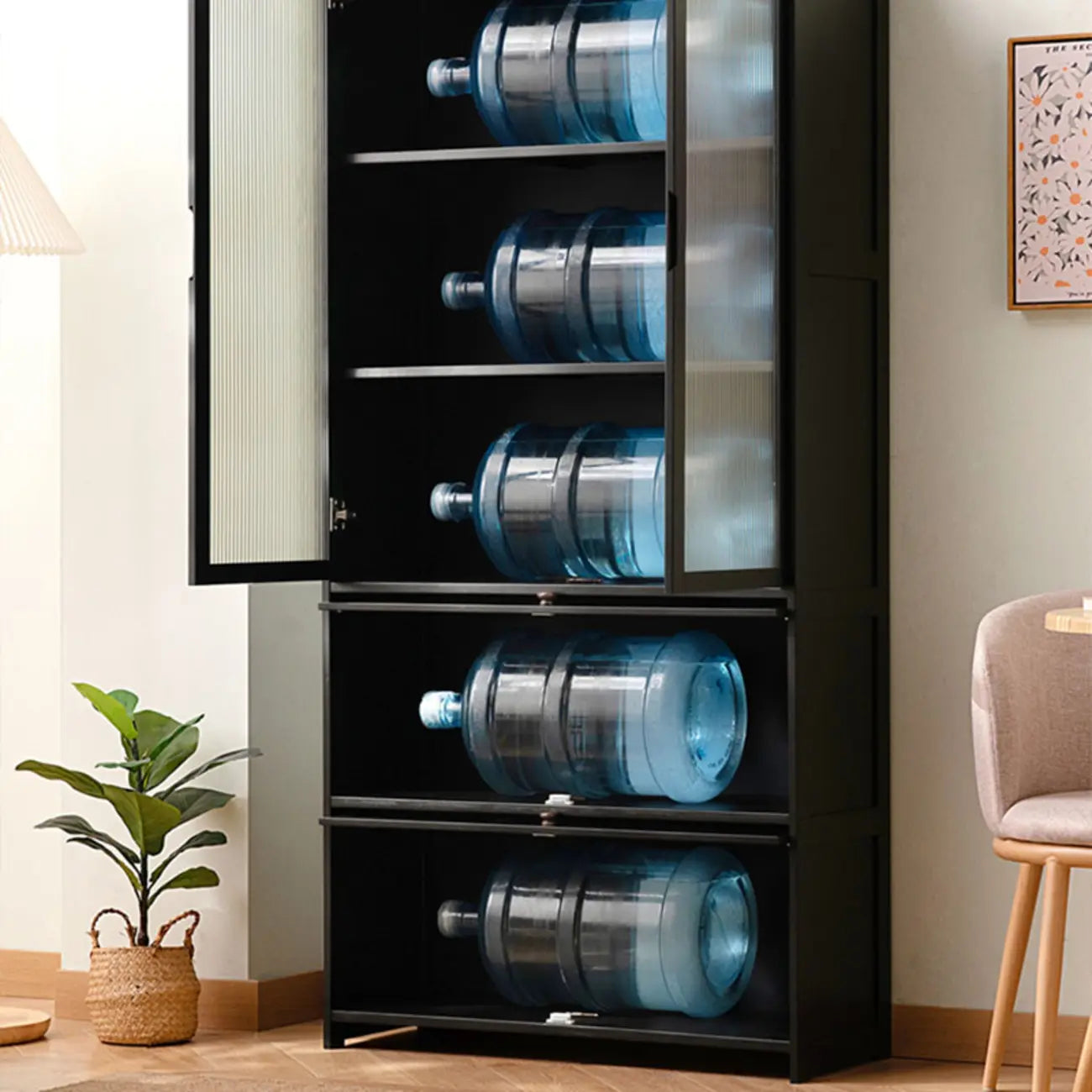 Bamboo Modern Black Vertical Bookcase with Acrylic Doors
