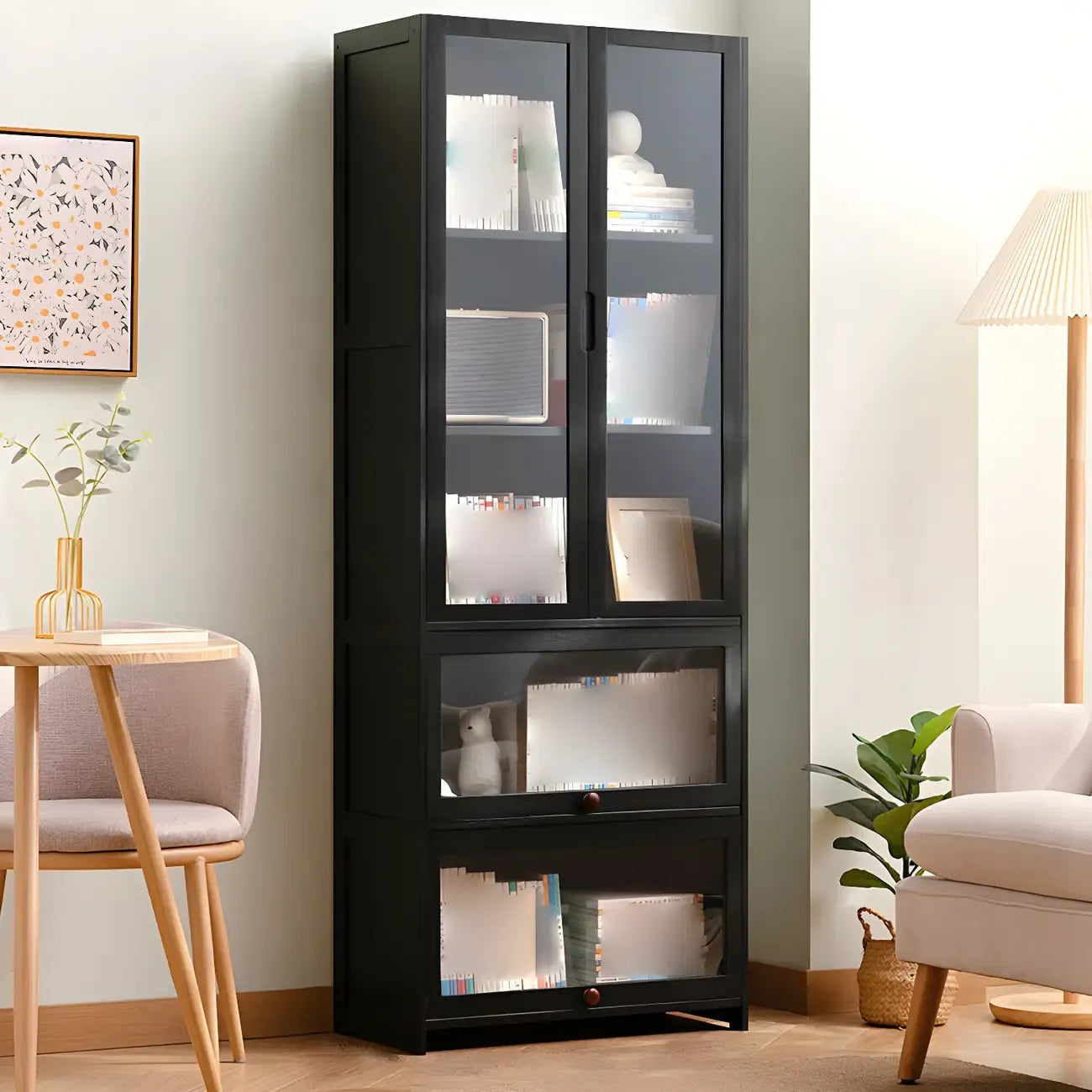 Bamboo Modern Black Vertical Bookcase with Acrylic Doors