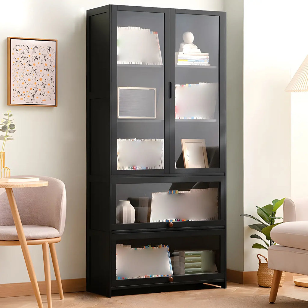 Bamboo Modern Black Vertical Bookcase with Acrylic Doors
