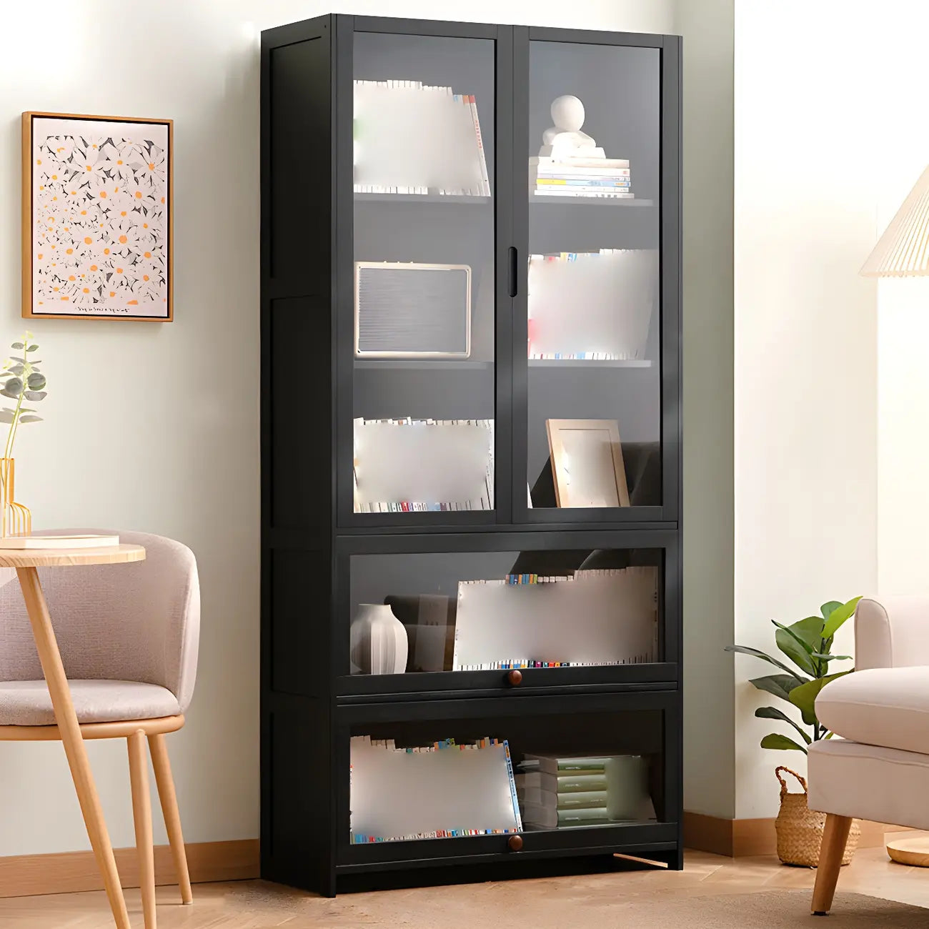 Bamboo Modern Black Vertical Bookcase with Acrylic Doors