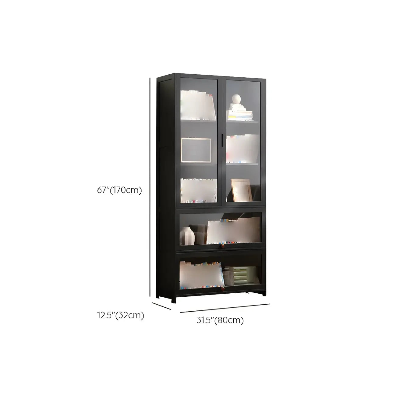 Bamboo Modern Black Vertical Bookcase with Acrylic Doors