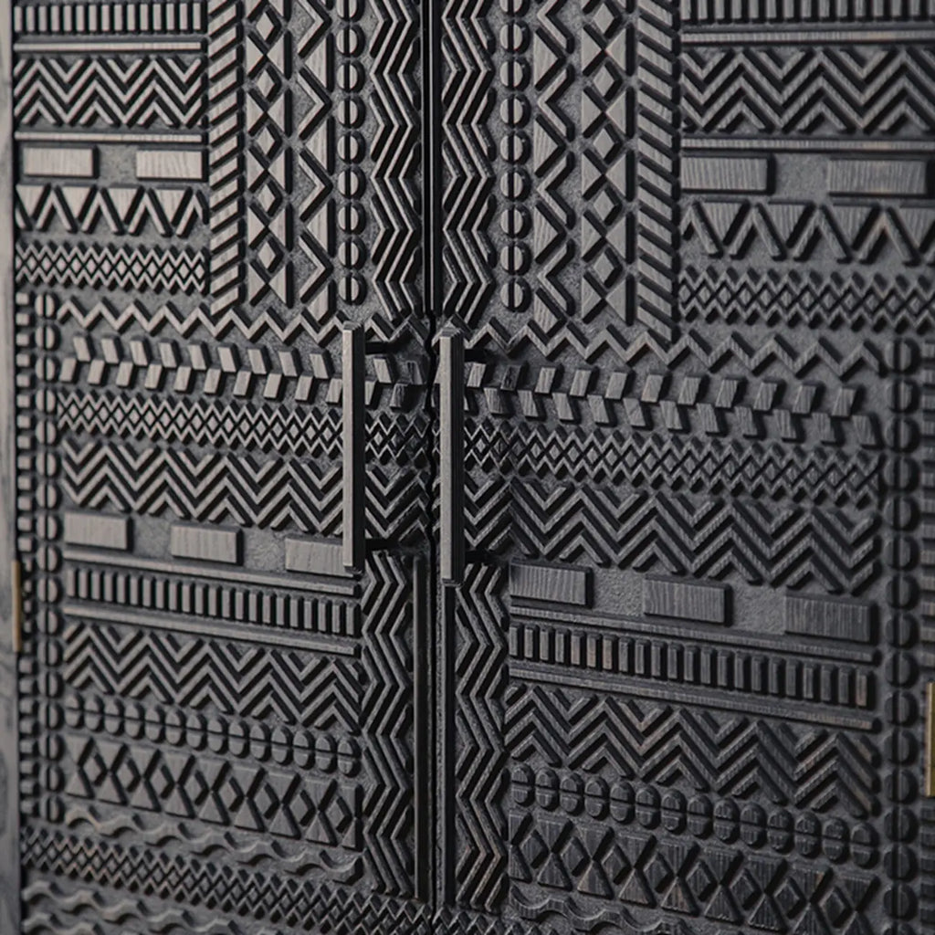 Artistic Pattern Wood Black Cabinet Sideboard in 3-Shelf
