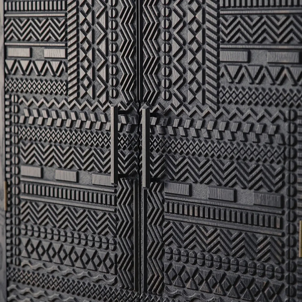 Artistic Pattern Wood Black Cabinet Sideboard in 3-Shelf