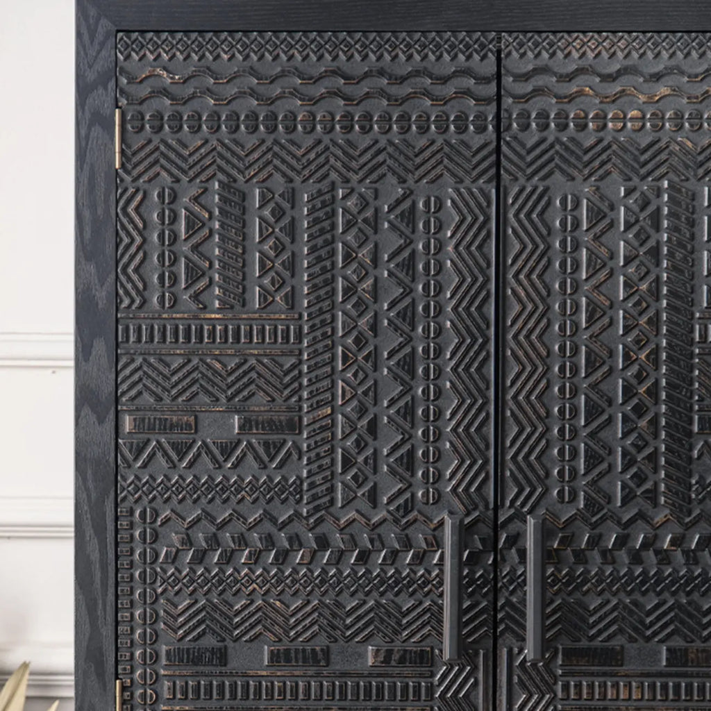 Artistic Pattern Wood Black Cabinet Sideboard in 3-Shelf